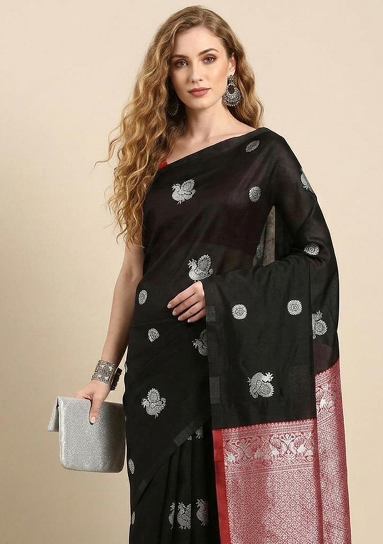 Black Zari Weaving Silk Saree Set - Indya
