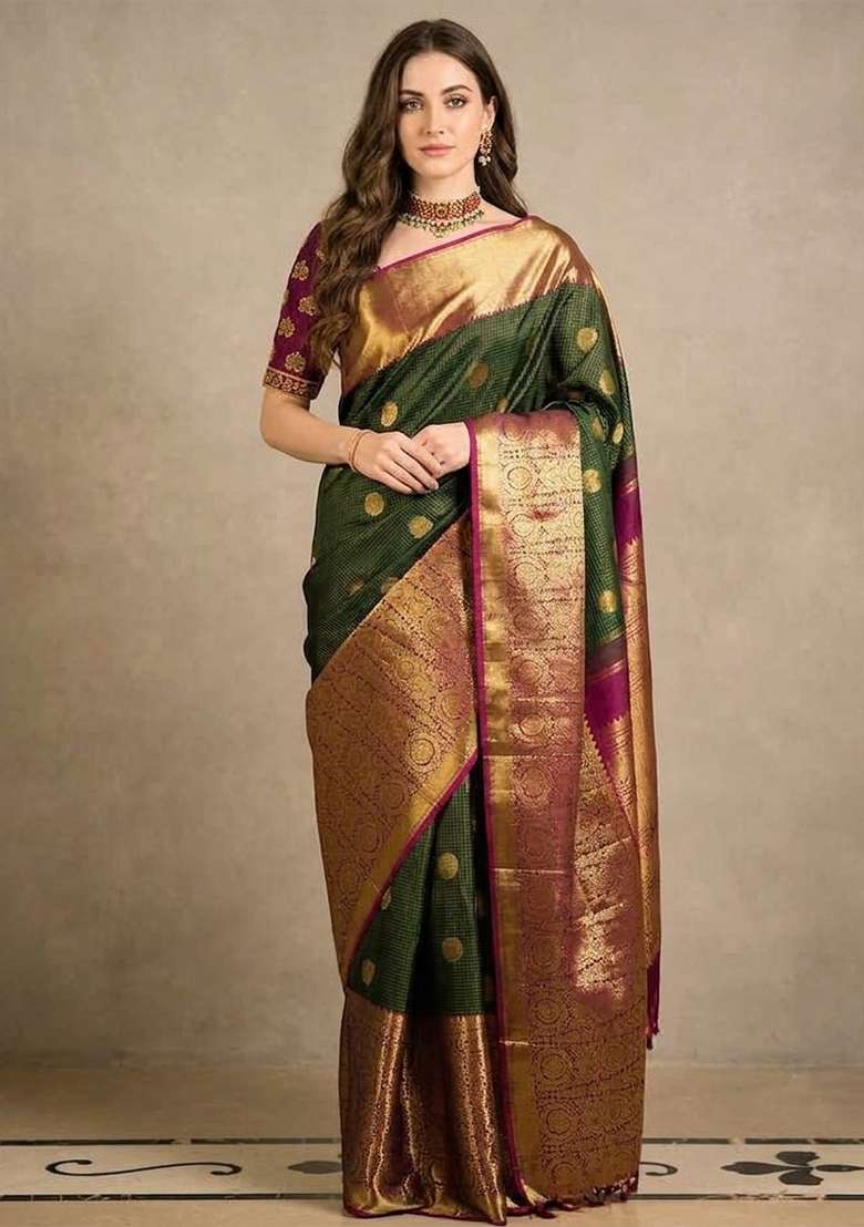 Green Zari Weaving Silk Saree Set for Diwali | Wedding & Festive Wear - Indya