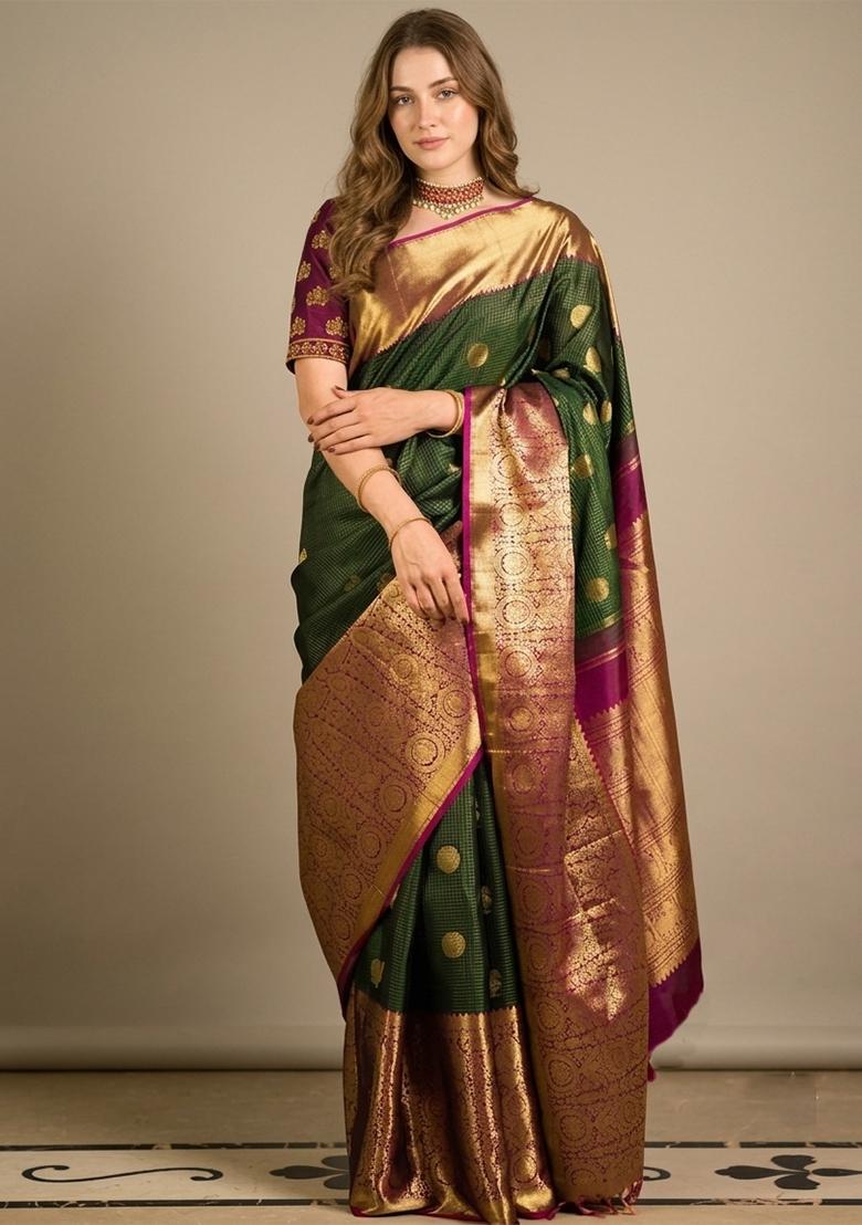 Green Zari Weaving Silk Saree Set - Indya