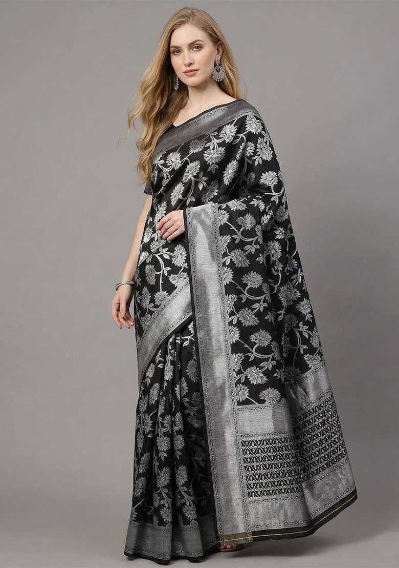 Black Zari Weaving Silk Saree Set for Diwali and Festive Wear - Indya