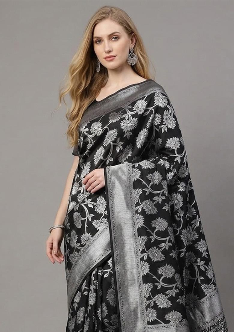 Black Zari Weaving Silk Saree Set - Indya