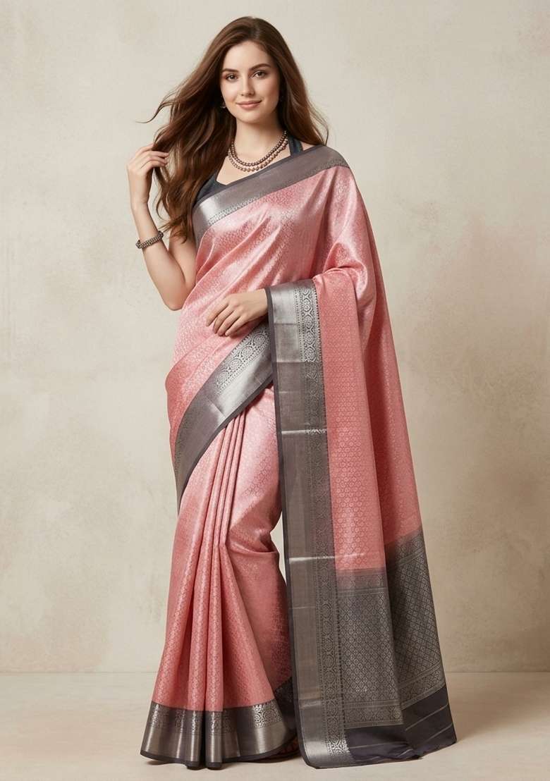 Pink Zari Weaving Silk Saree Set for Diwali | Wedding & Festive Wear - Indya