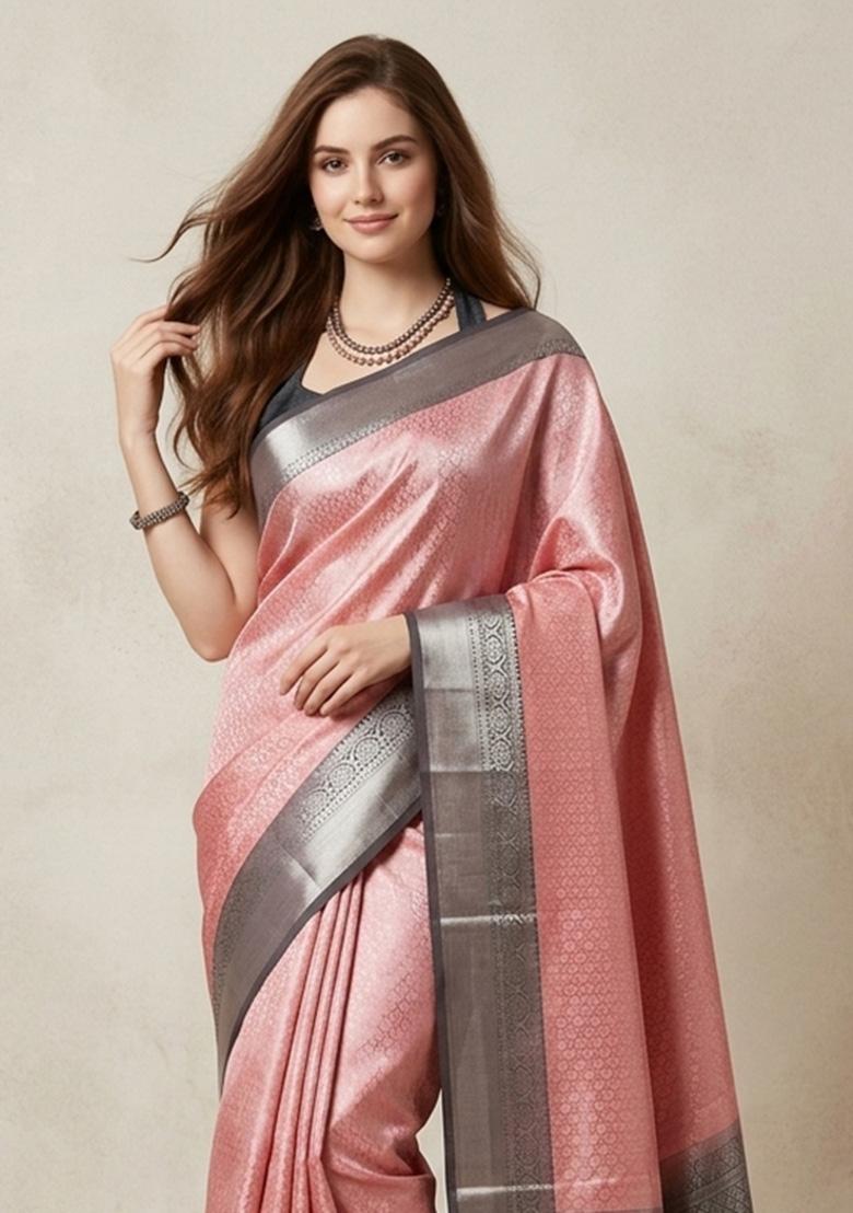Pink Zari Weaving Silk Saree Set - Indya
