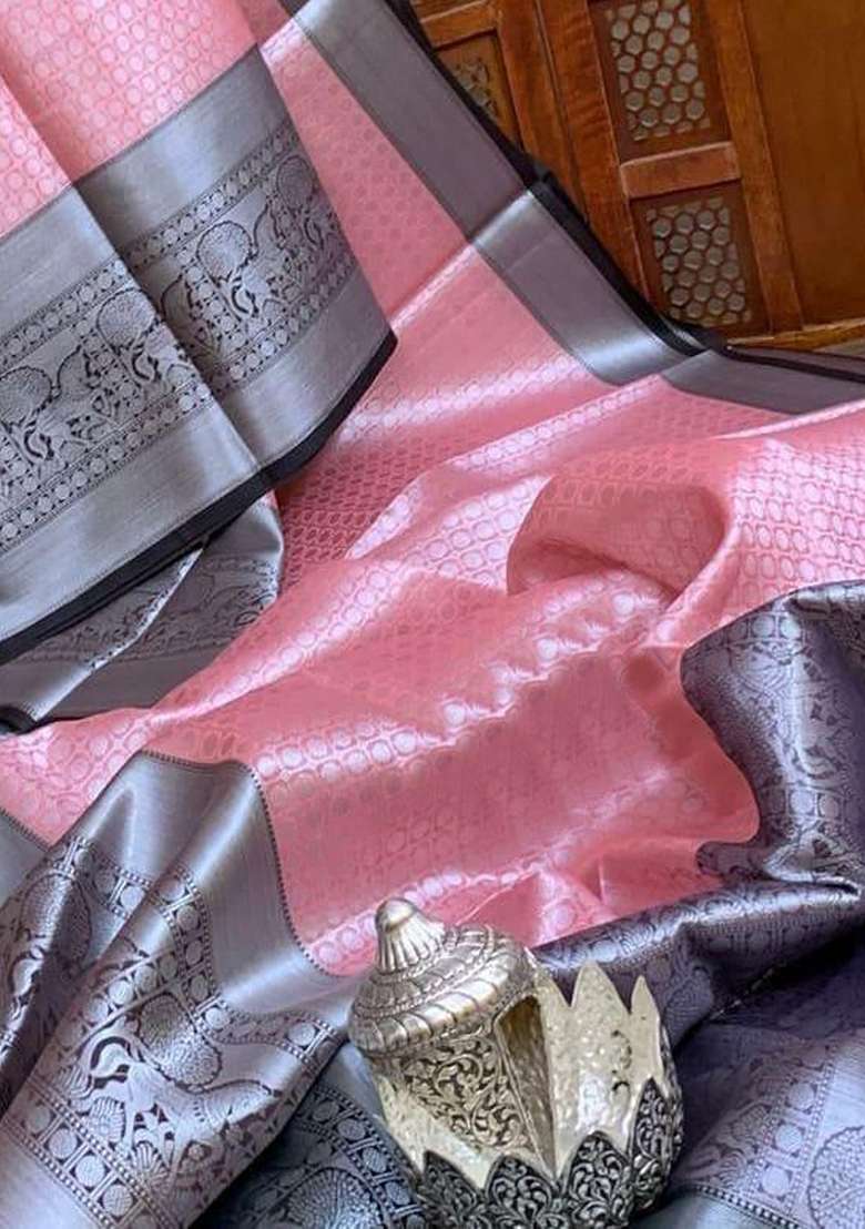 Pink Zari Weaving Silk Saree Set for Diwali | Wedding & Festive Wear - Indya