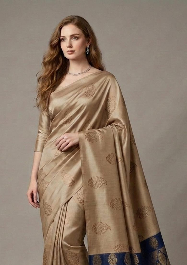 Beige Zari Weaving Silk Saree Set - Indya