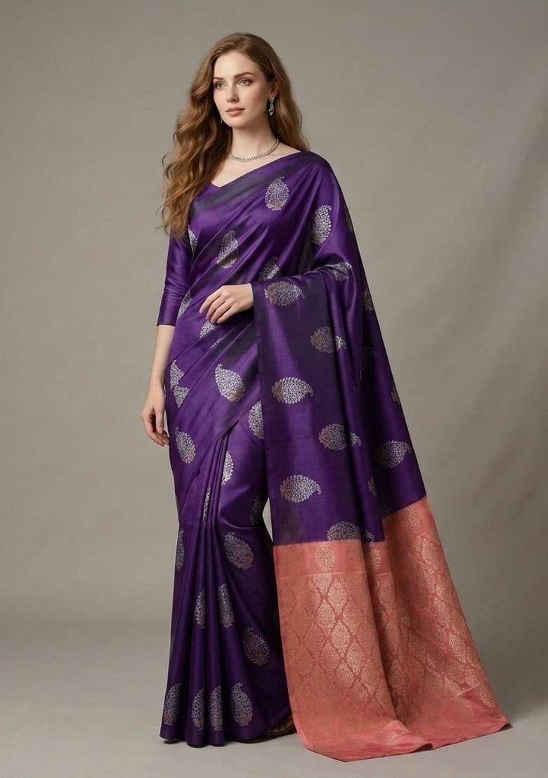 Violet Zari Weaving Silk Saree Set for Diwali and Festive Wear - Indya