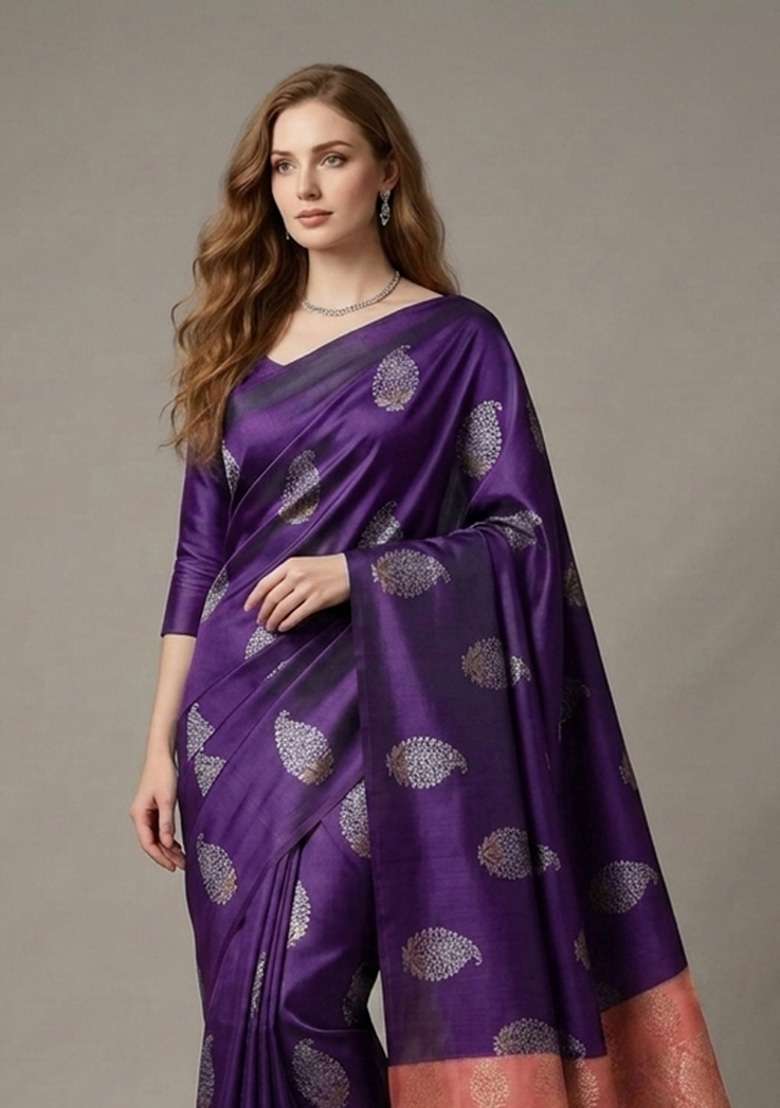 Violet Zari Weaving Silk Saree Set for Diwali and Festive Wear - Indya