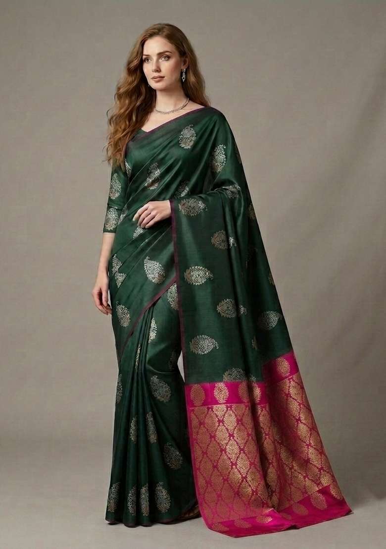 Green Zari Weaving Silk Saree Set for Diwali and Festive Wear - Indya