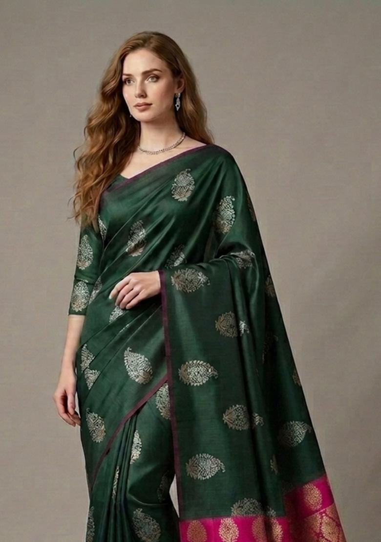 Green Zari Weaving Silk Saree Set - Indya