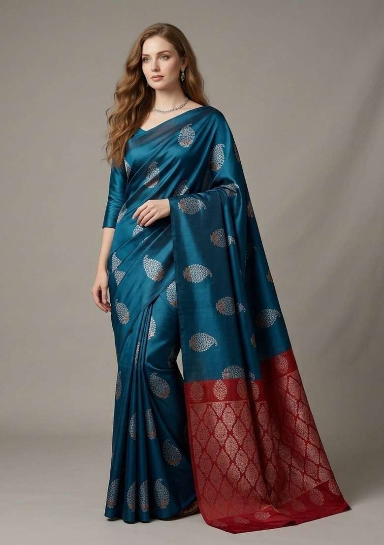 Blue Zari Weaving Silk Saree Set for Diwali and Festive Wear - Indya