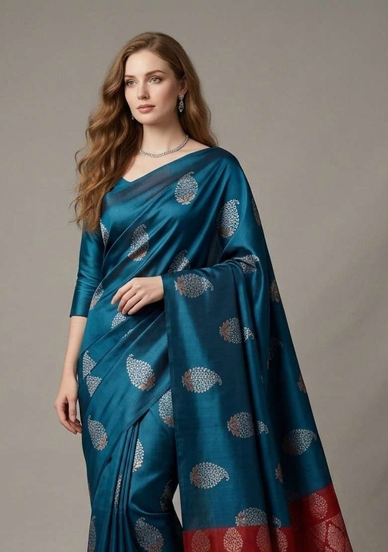 Blue Zari Weaving Silk Saree Set for Diwali and Festive Wear - Indya
