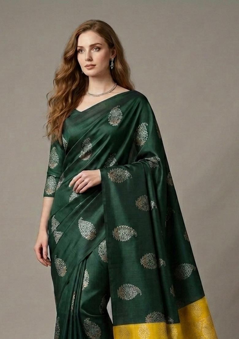 Green Zari Weaving Silk Saree Set - Indya
