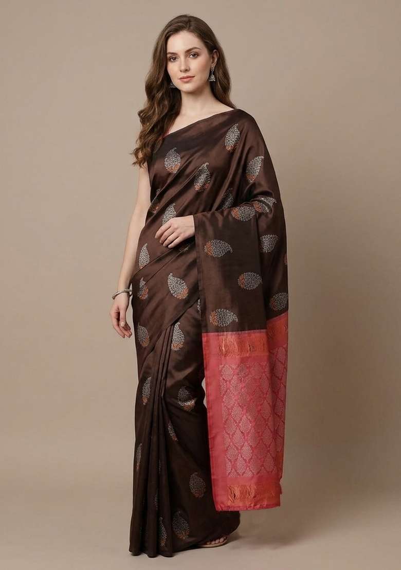Brown Zari Weaving Silk Saree Set for Diwali | Wedding & Festive Wear - Indya