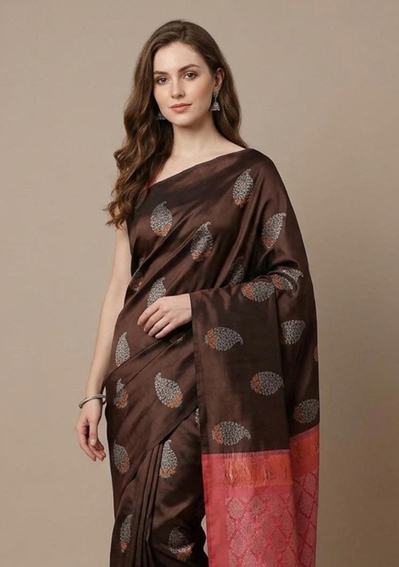 Brown Zari Weaving Silk Saree Set - Indya
