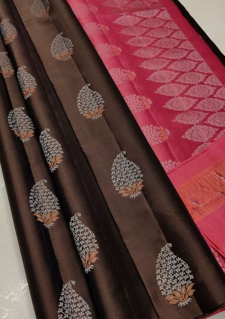Brown Zari Weaving Silk Saree Set for Diwali | Wedding & Festive Wear - Indya