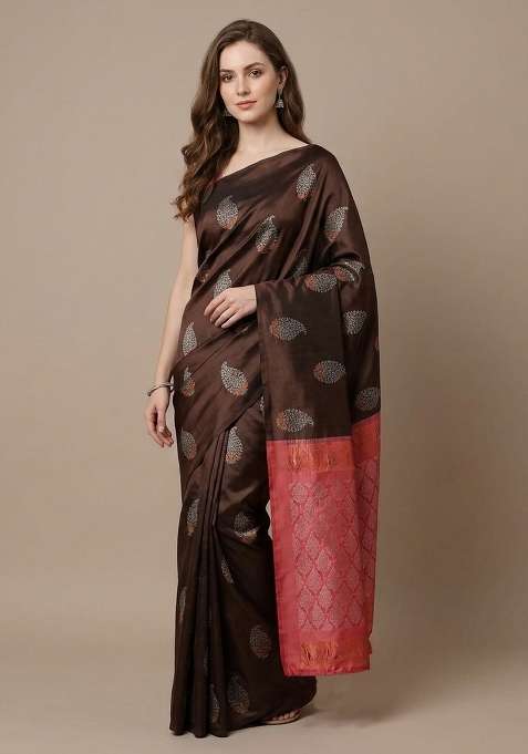 Brown Zari Weaving Silk Saree Set for Diwali | Wedding & Festive Wear