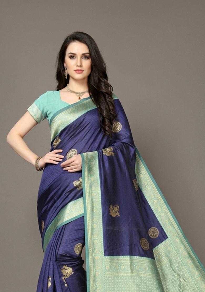 Blue Zari Weaving Silk Saree Set - Indya