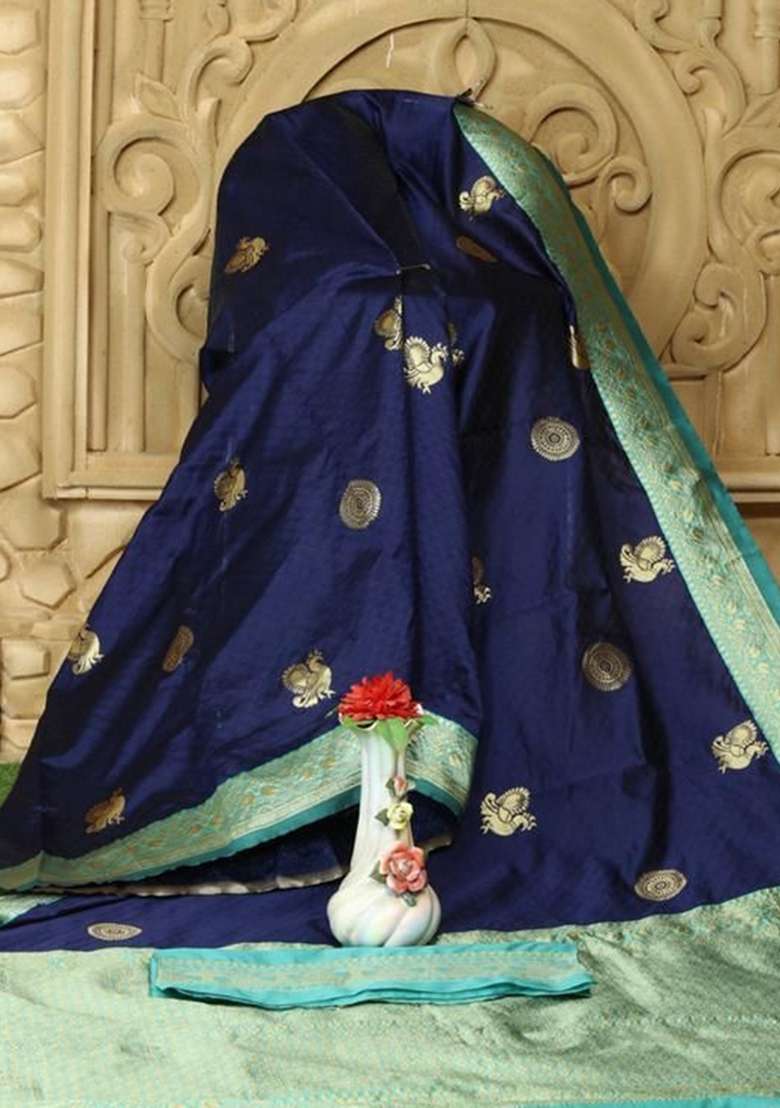 Blue Zari Weaving Silk Saree Set for Diwali | Wedding & Festive Wear - Indya