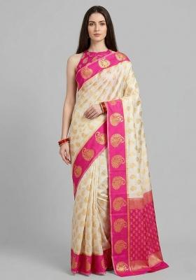 Cream Zari Weaving Silk Saree Set