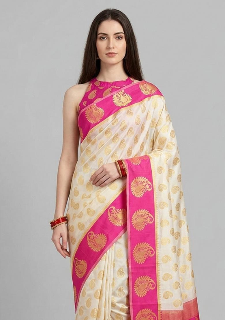 Cream Zari Weaving Silk Saree Set - Indya