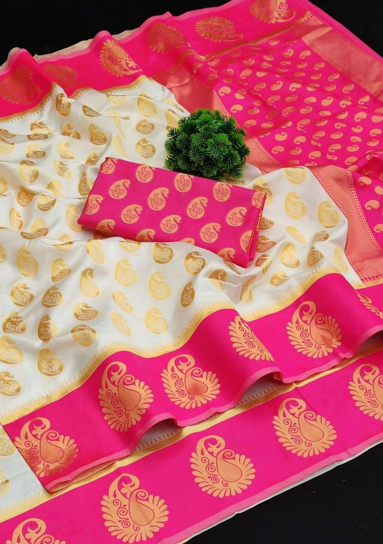 Cream Zari Weaving Silk Saree Set for Diwali | Wedding & Festive Wear - Indya