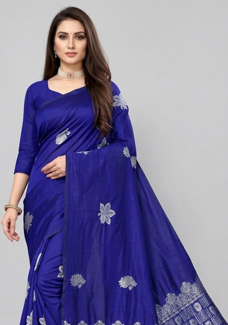 Blue Zari Weaving Silk Saree Set - Indya