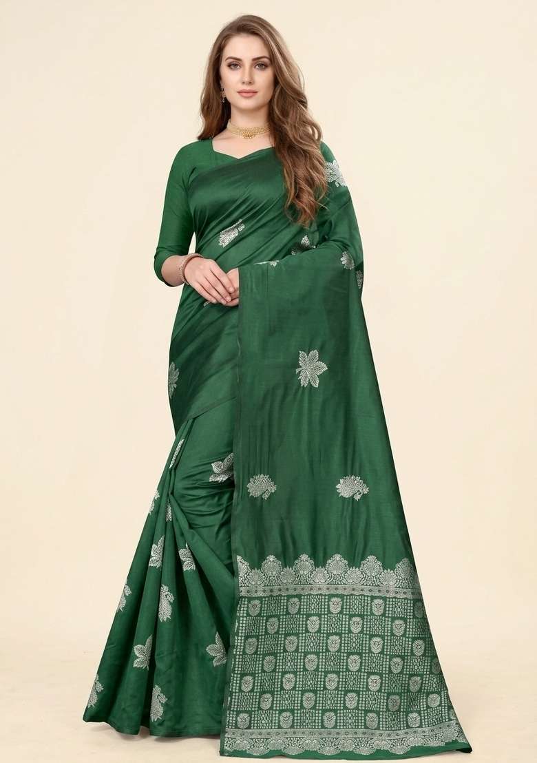 Green Zari Weaving Silk Saree Set for Diwali | Wedding & Festive Wear - Indya