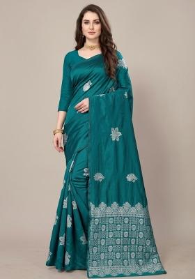 Teal Zari Weaving Silk Saree Set