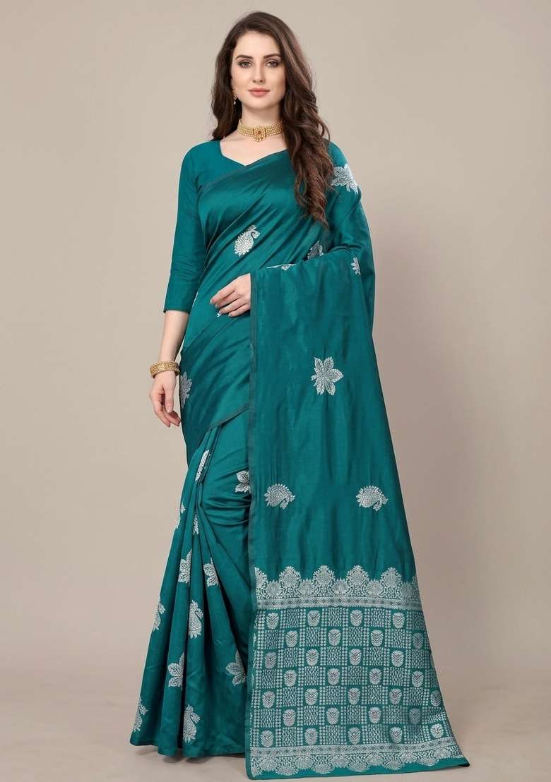 Teal Zari Weaving Silk Saree Set for Diwali | Wedding & Festive Wear - Indya