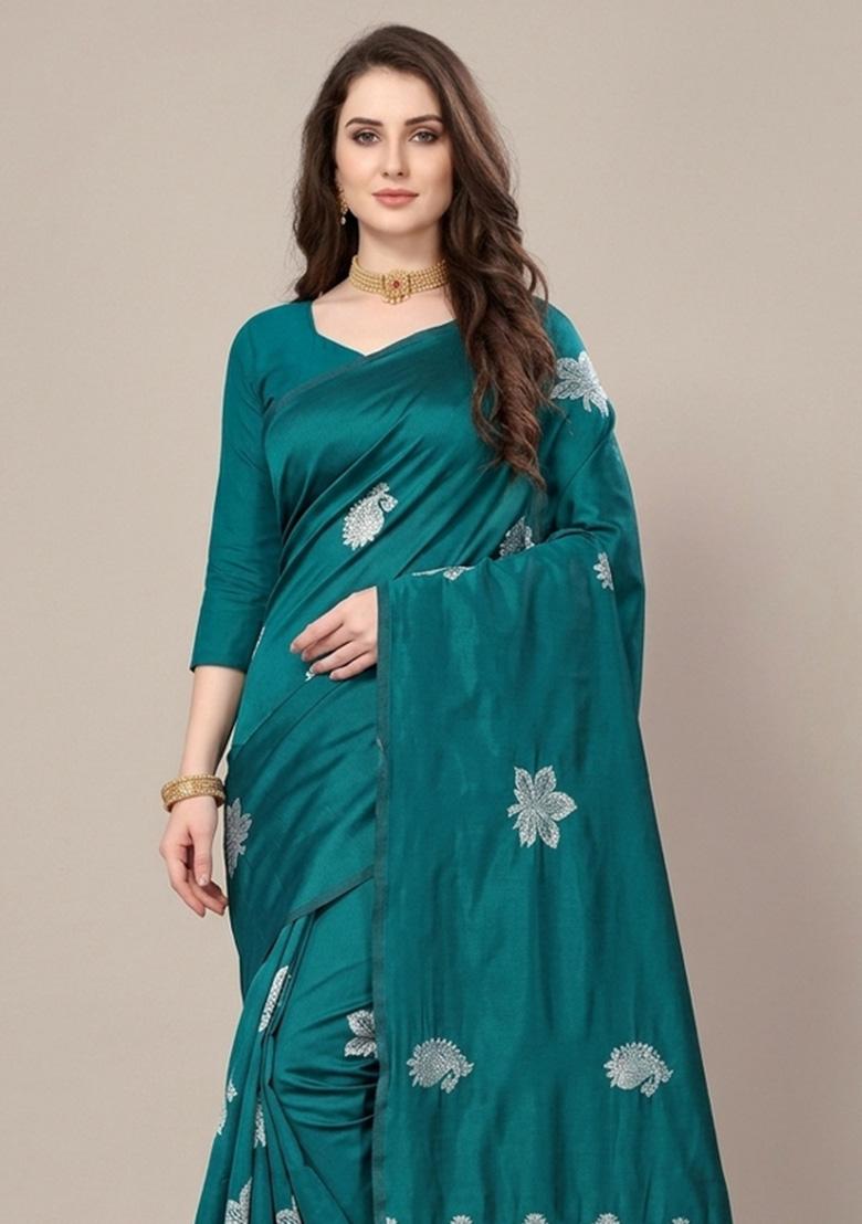 Teal Zari Weaving Silk Saree Set - Indya
