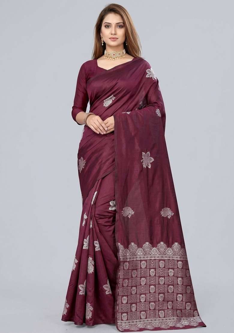 Maroon Zari Weaving Silk Saree Set for Diwali and Festive Wear - Indya