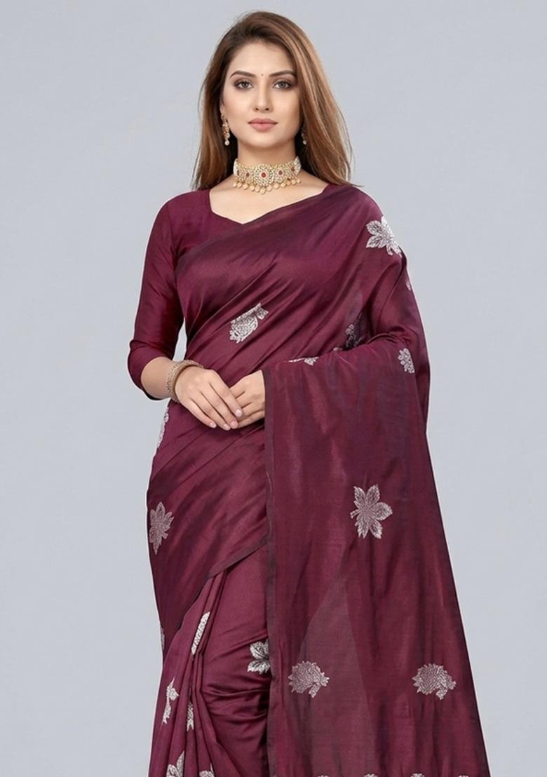 Maroon Zari Weaving Silk Saree Set - Indya