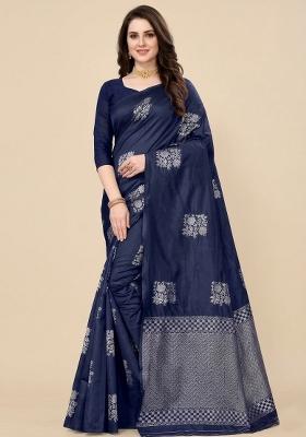 Navy Blue Zari Weaving Silk Saree Set