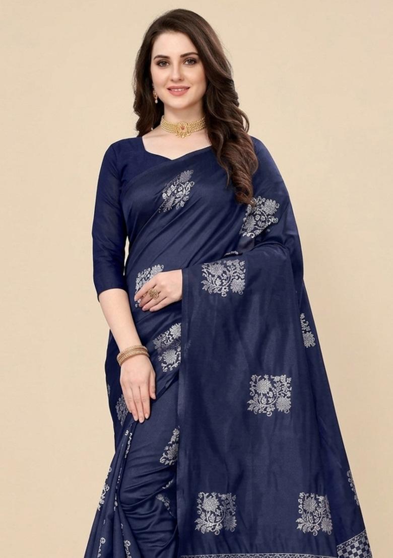 Navy Blue Zari Weaving Silk Saree Set - Indya