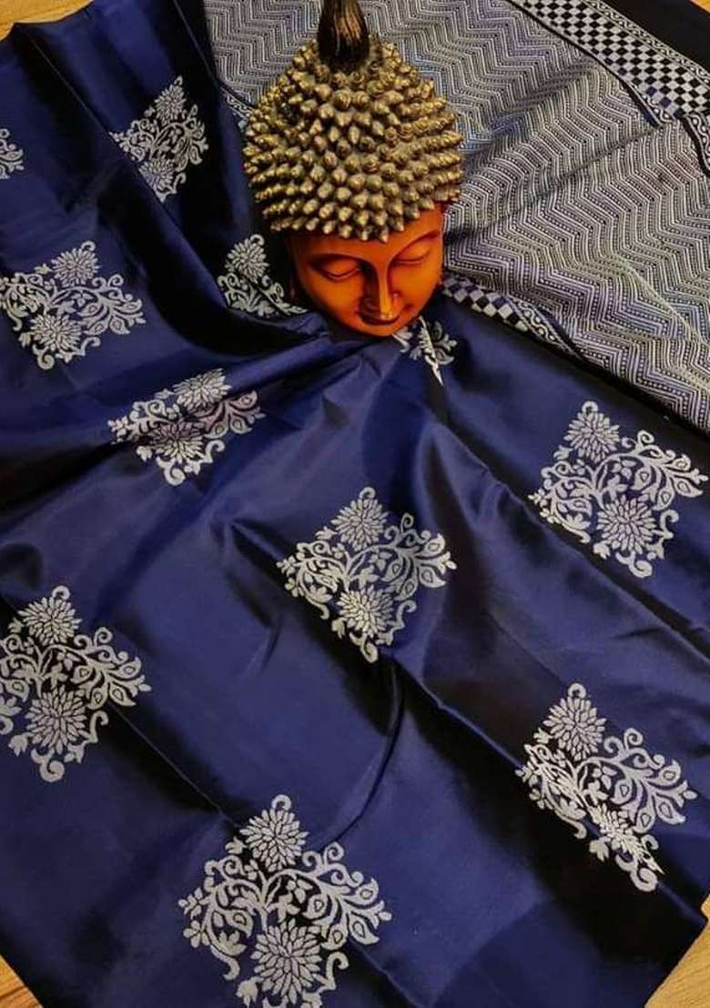 Navy Blue Zari Weaving Silk Saree Set for Diwali | Wedding & Festive Wear - Indya