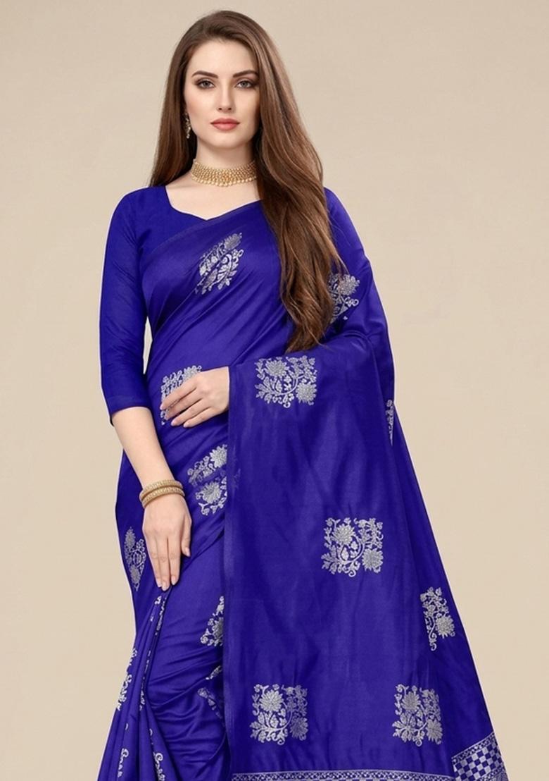 Blue Zari Weaving Silk Saree Set - Indya