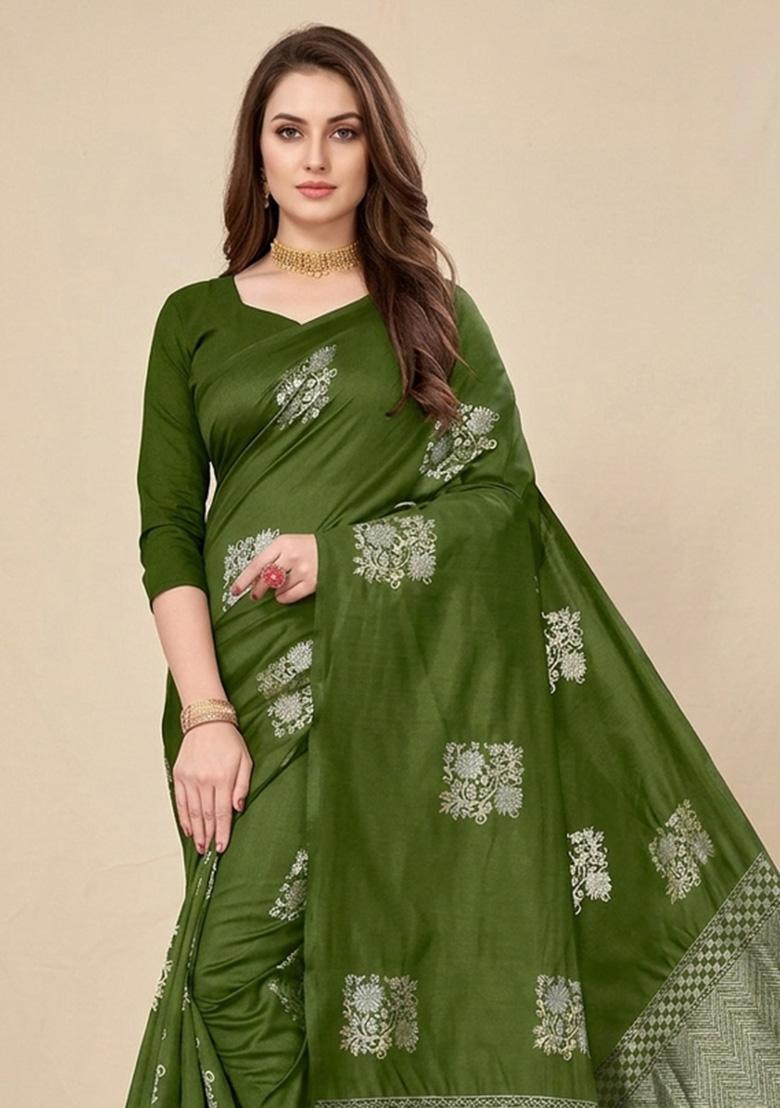 Green Zari Weaving Silk Saree Set - Indya
