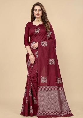 Maroon Zari Weaving Silk Saree Set