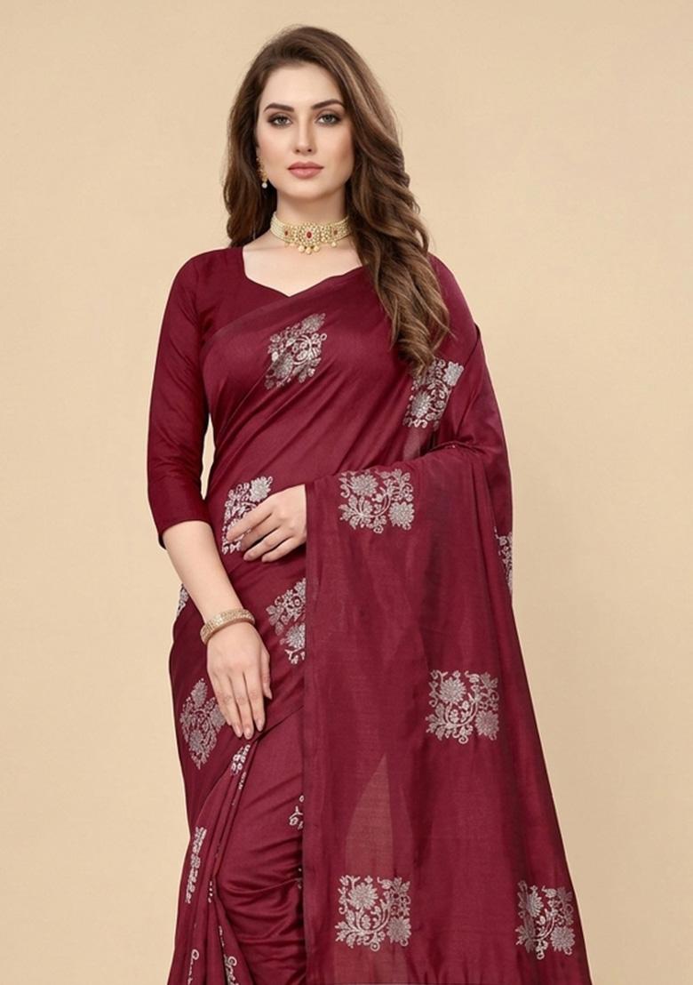 Maroon Zari Weaving Silk Saree Set - Indya