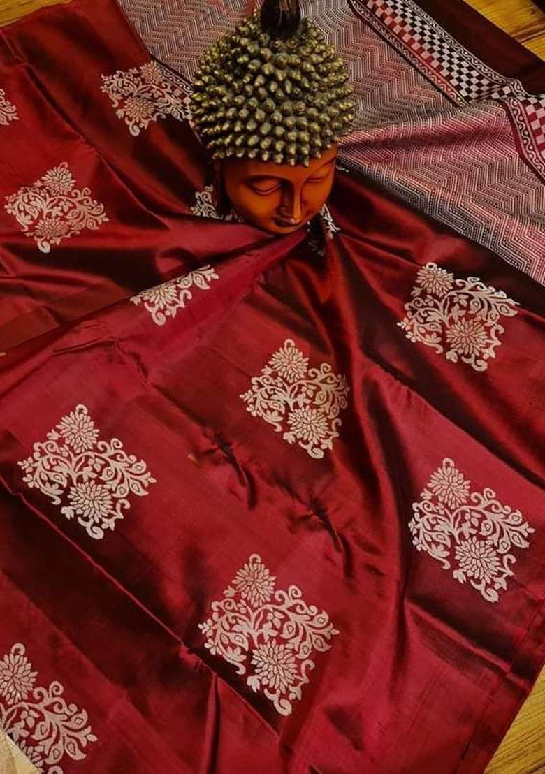 Maroon Zari Weaving Silk Saree Set for Diwali | Wedding & Festive Wear - Indya