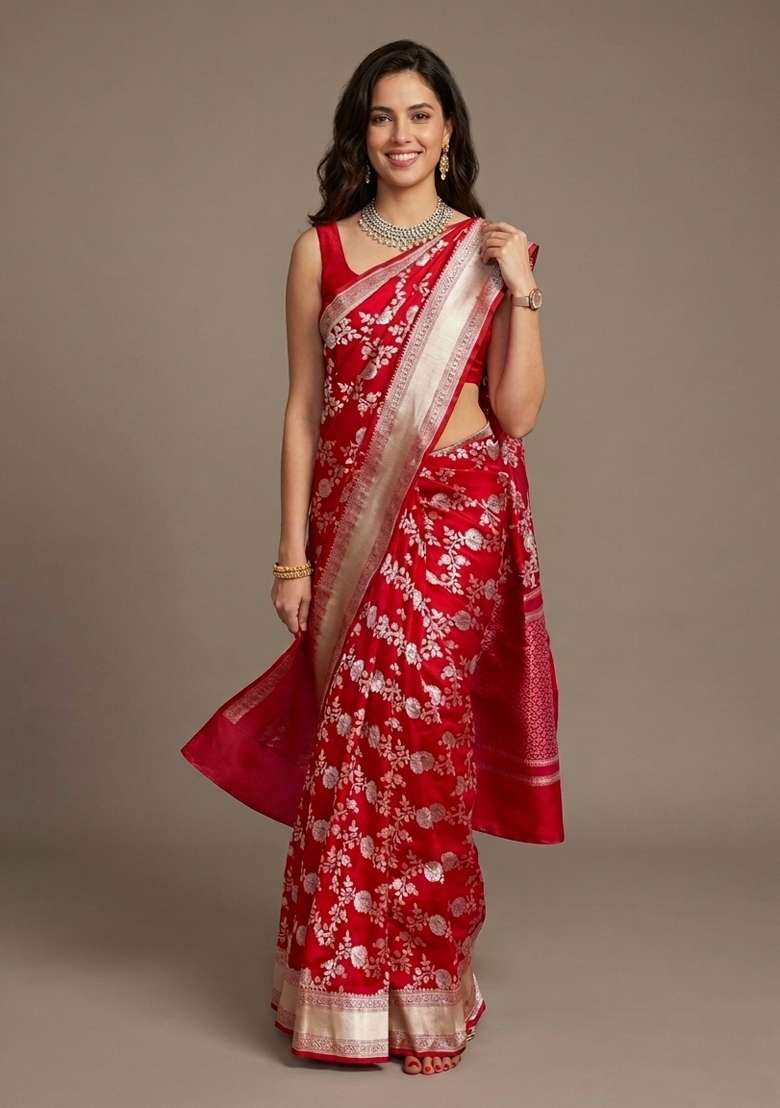 Red Zari Weaving Silk Saree Set for Diwali | Wedding & Festive Wear - Indya