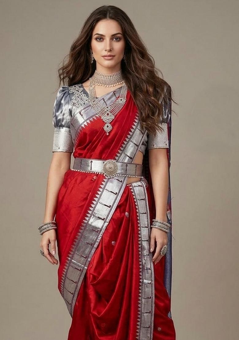 Red Zari Weaving Silk Saree Set - Indya