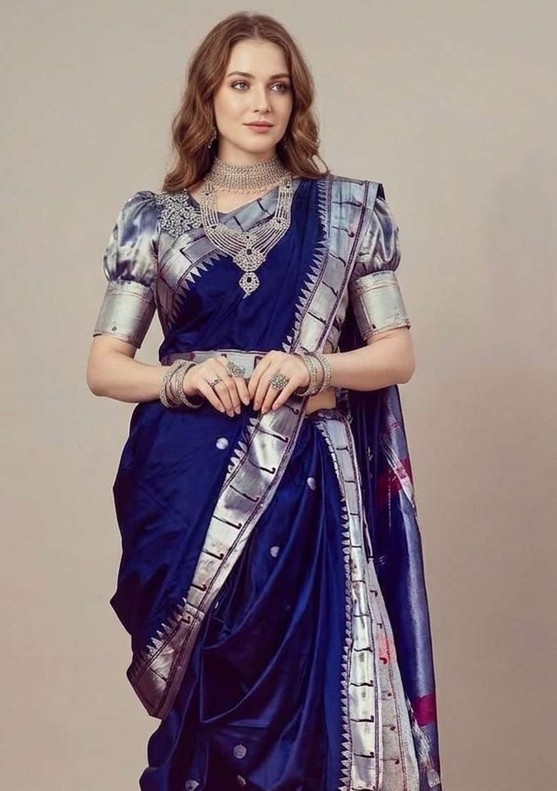Blue Zari Weaving Silk Saree Set for Diwali and Festive Wear - Indya