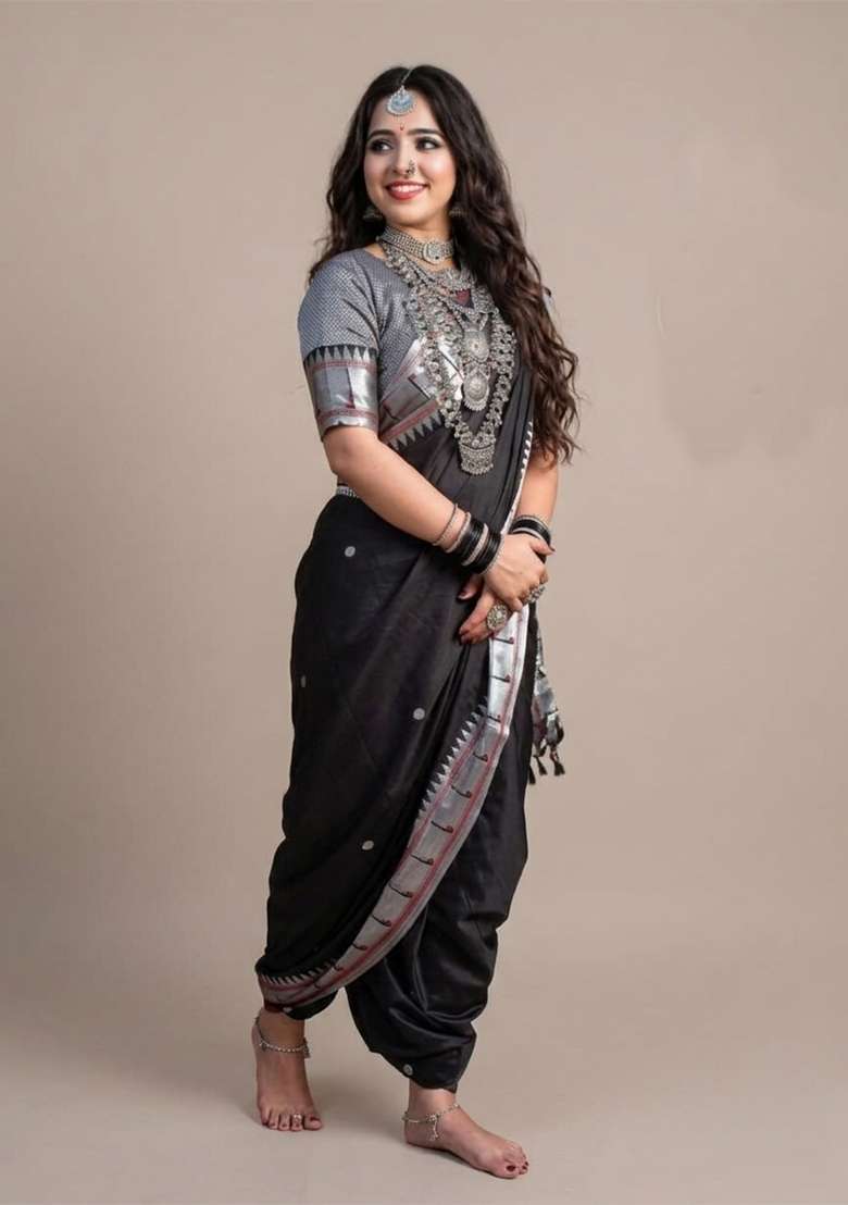 Black Zari Weaving Silk Saree Set for Diwali | Wedding & Festive Wear - Indya