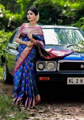 Blue Zari Weaving Silk Saree Set