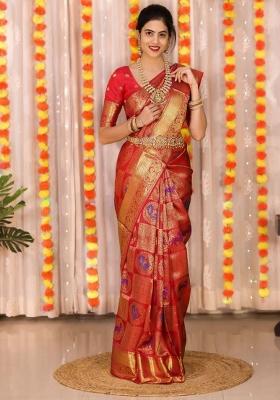 Red Zari Weaving Silk Saree Set