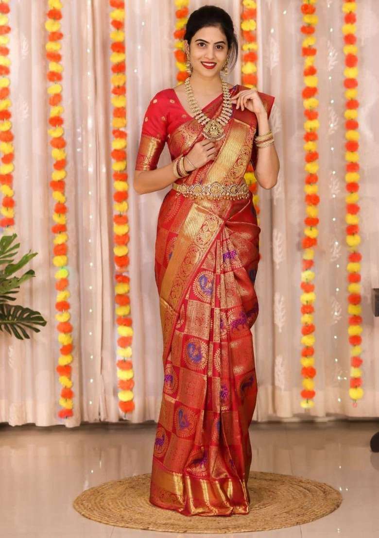 Red Zari Weaving Silk Saree Set for Diwali | Wedding & Festive Wear - Indya