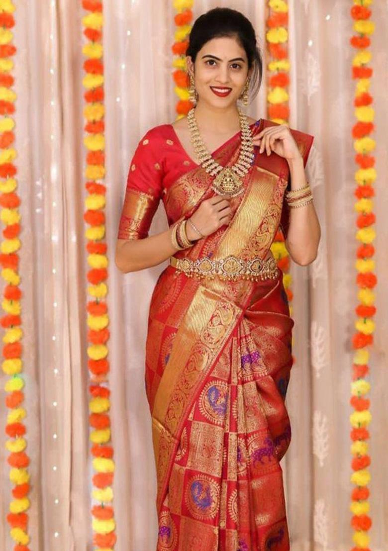 Red Zari Weaving Silk Saree Set - Indya
