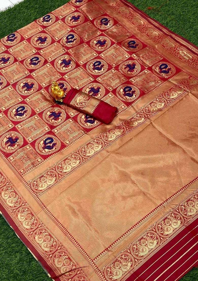 Red Zari Weaving Silk Saree Set for Diwali | Wedding & Festive Wear - Indya