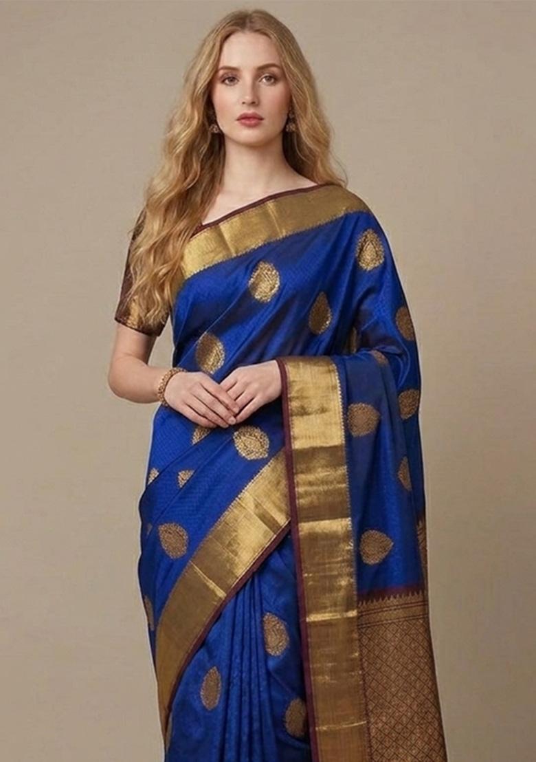 Blue Zari Weaving Silk Saree Set - Indya
